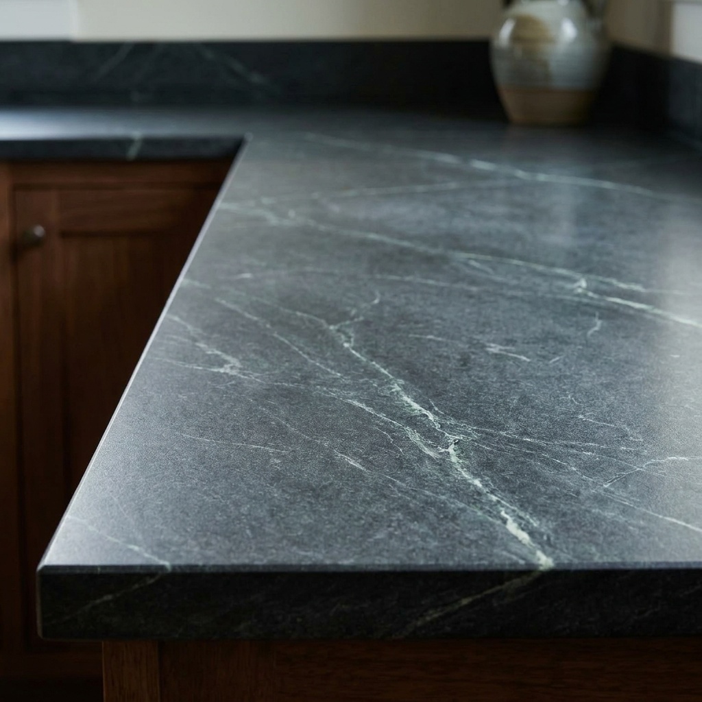 Close detail of an oiled soapstone countertop surface filling the frame in a finished kitchen, deep charcoal-grey stone