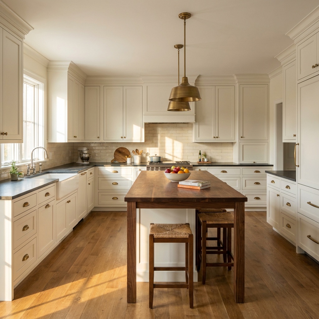 Wide eye-level view of a finished, furnished transitional kitchen with honed charcoal soapstone perimeter countertops, s