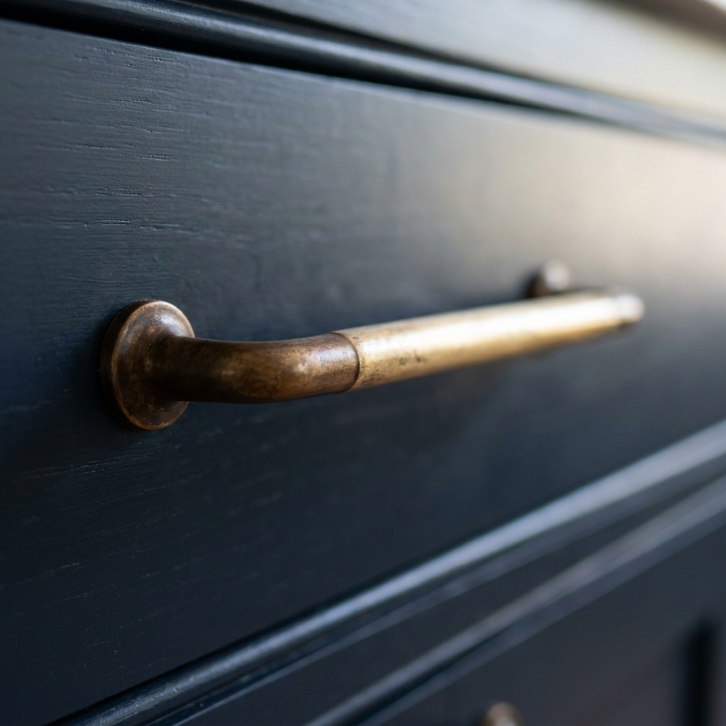 Unlacquered brass cabinet pull with natural living patina