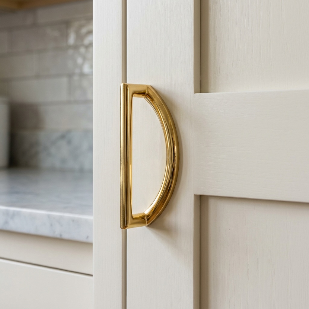 Lacquered polished brass cabinet pull on a white shaker door