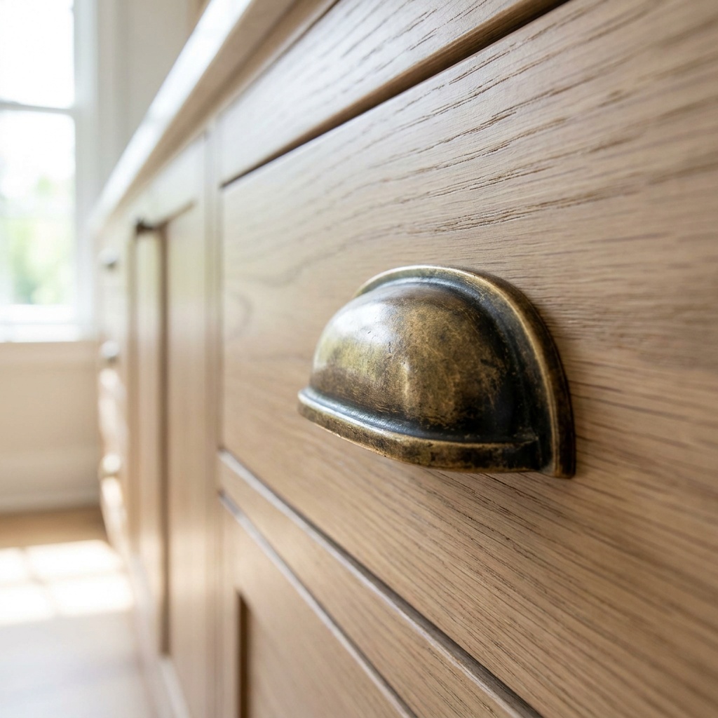 Aged antique brass cup pull on a white oak drawer