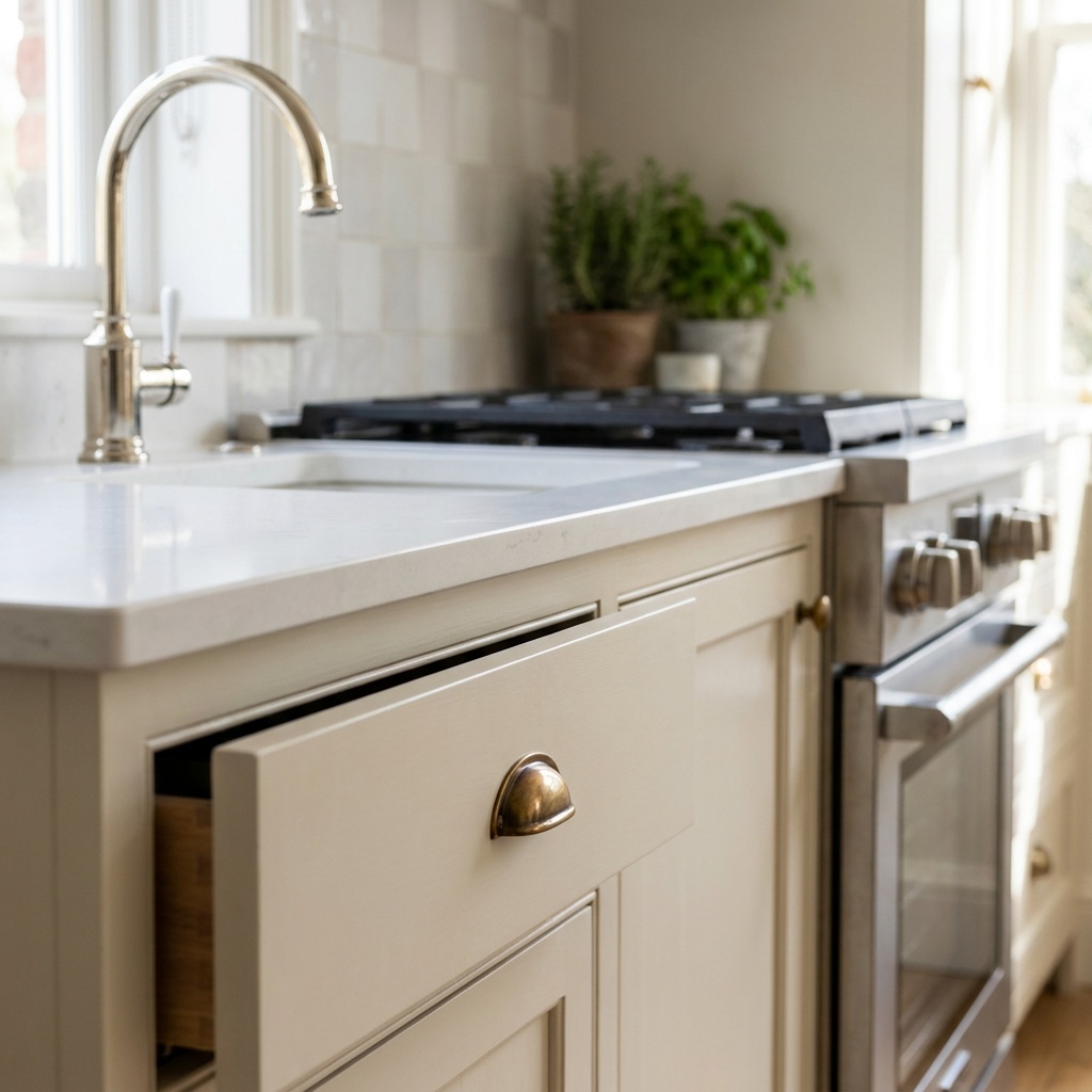 Close detail of a kitchen corner where a polished nickel faucet, a brass cabinet pull on a cream painted drawer and a st