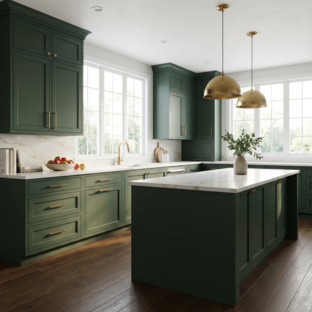 A finished transitional kitchen with deep green painted shaker cabinets, warm brass bar pulls and knobs, white marble-lo