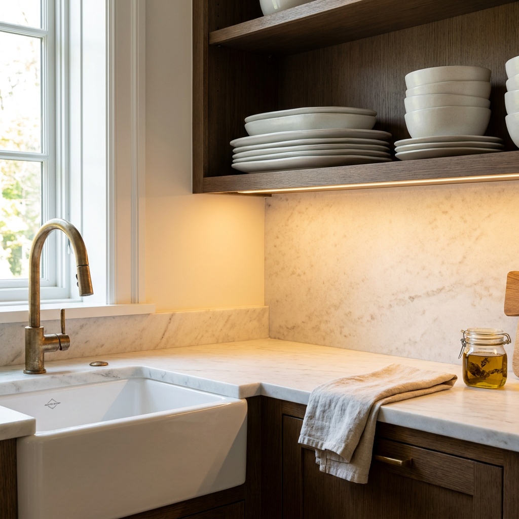 Close-up of a butler's pantry counter corner showing an apron-front prep sink, unlacquered brass pull-down faucet, open