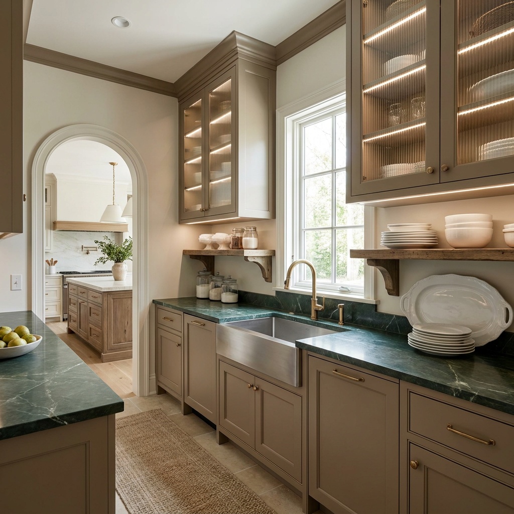 A refined butler's pantry room adjacent to a kitchen, with a deep undermount prep sink, pull-down faucet, warm painted c