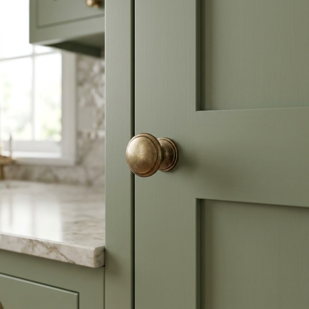 Brass cabinet knob mounted on the frame of a green Shaker cabinet door