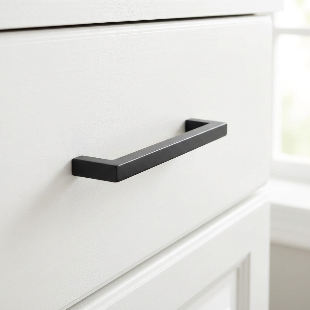 Matte black bar pull centered on a white kitchen drawer front