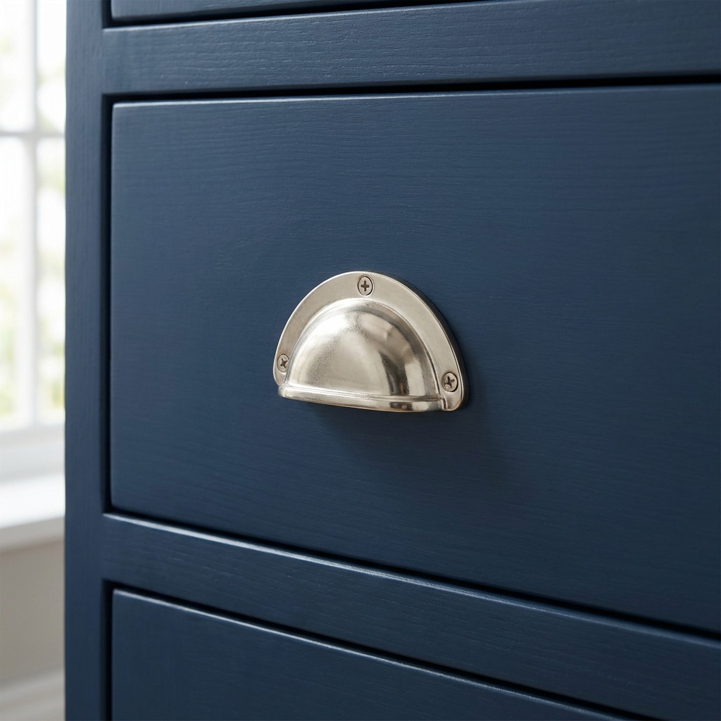 Nickel cup pull on a navy blue kitchen drawer front
