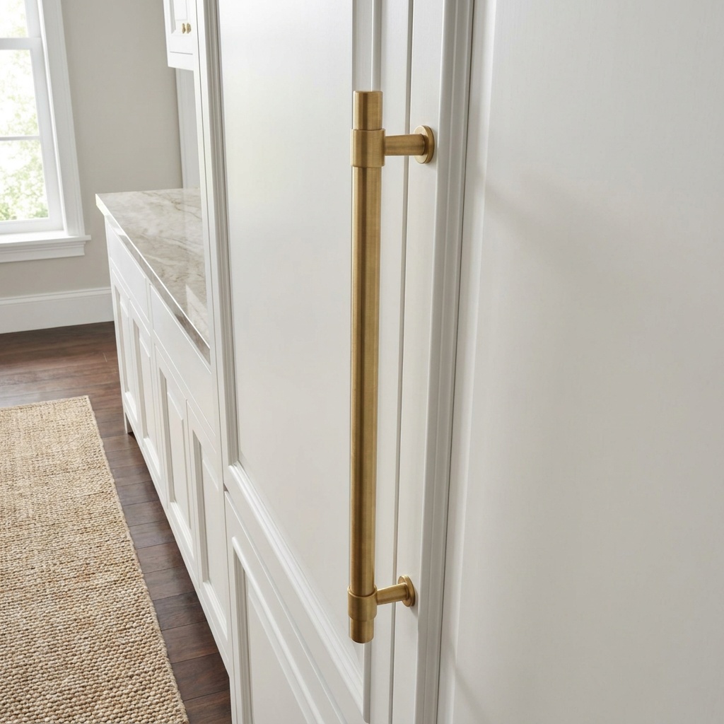 Brass appliance pull mounted on a paneled refrigerator door