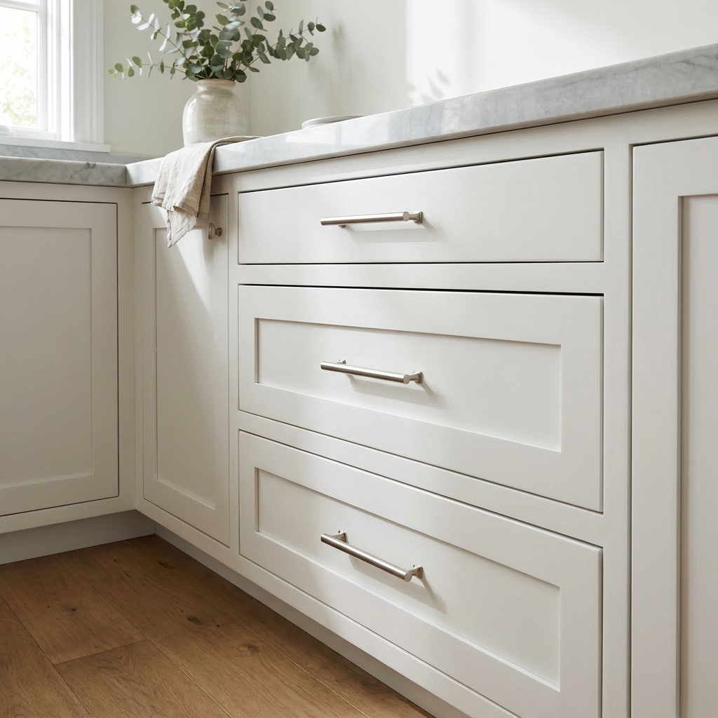 Three-quarter close view of a bank of white Shaker kitchen drawers, a shallow top drawer with a centered brushed nickel