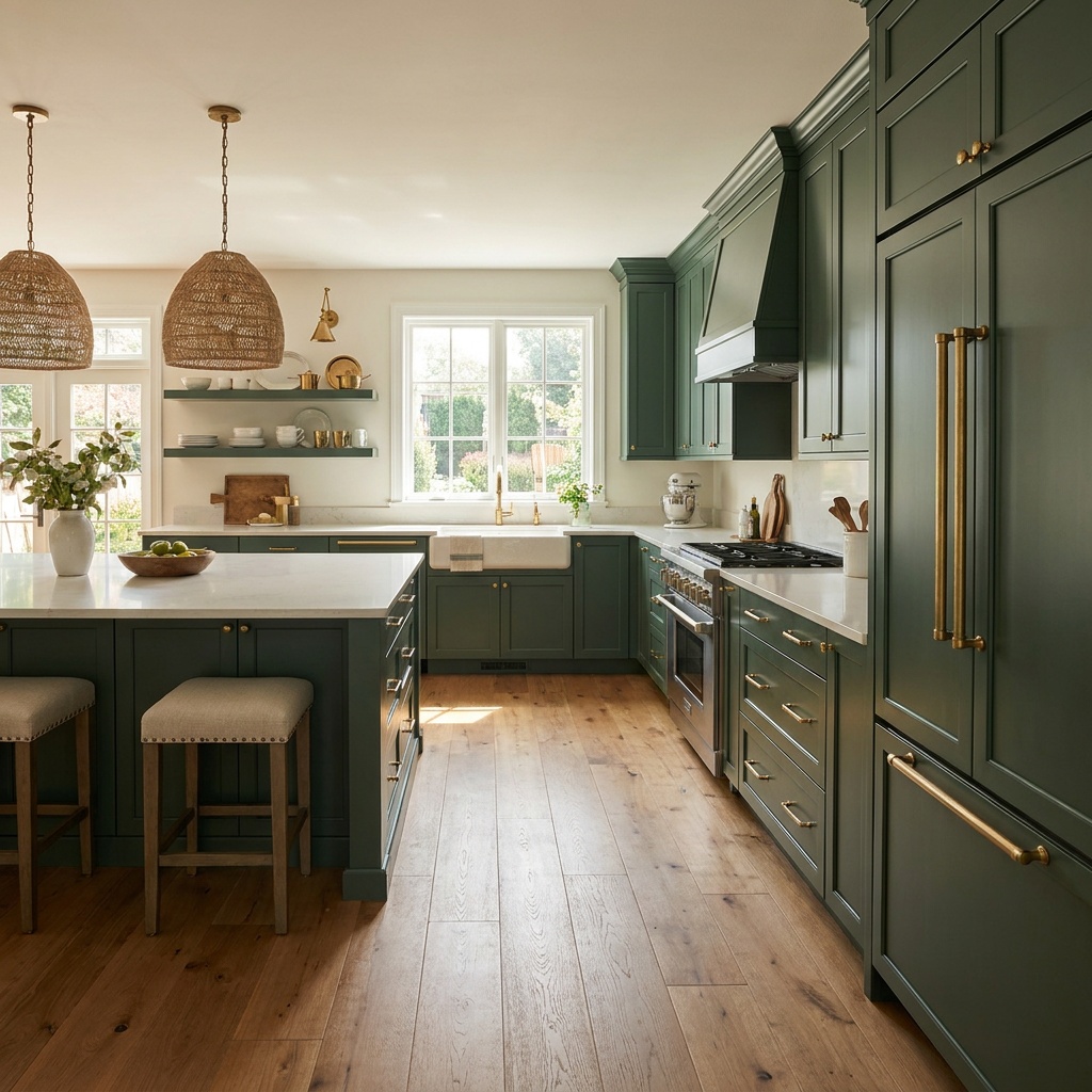 Wide view of a finished, furnished transitional kitchen with deep green Shaker cabinetry, aged brass bar pulls on every