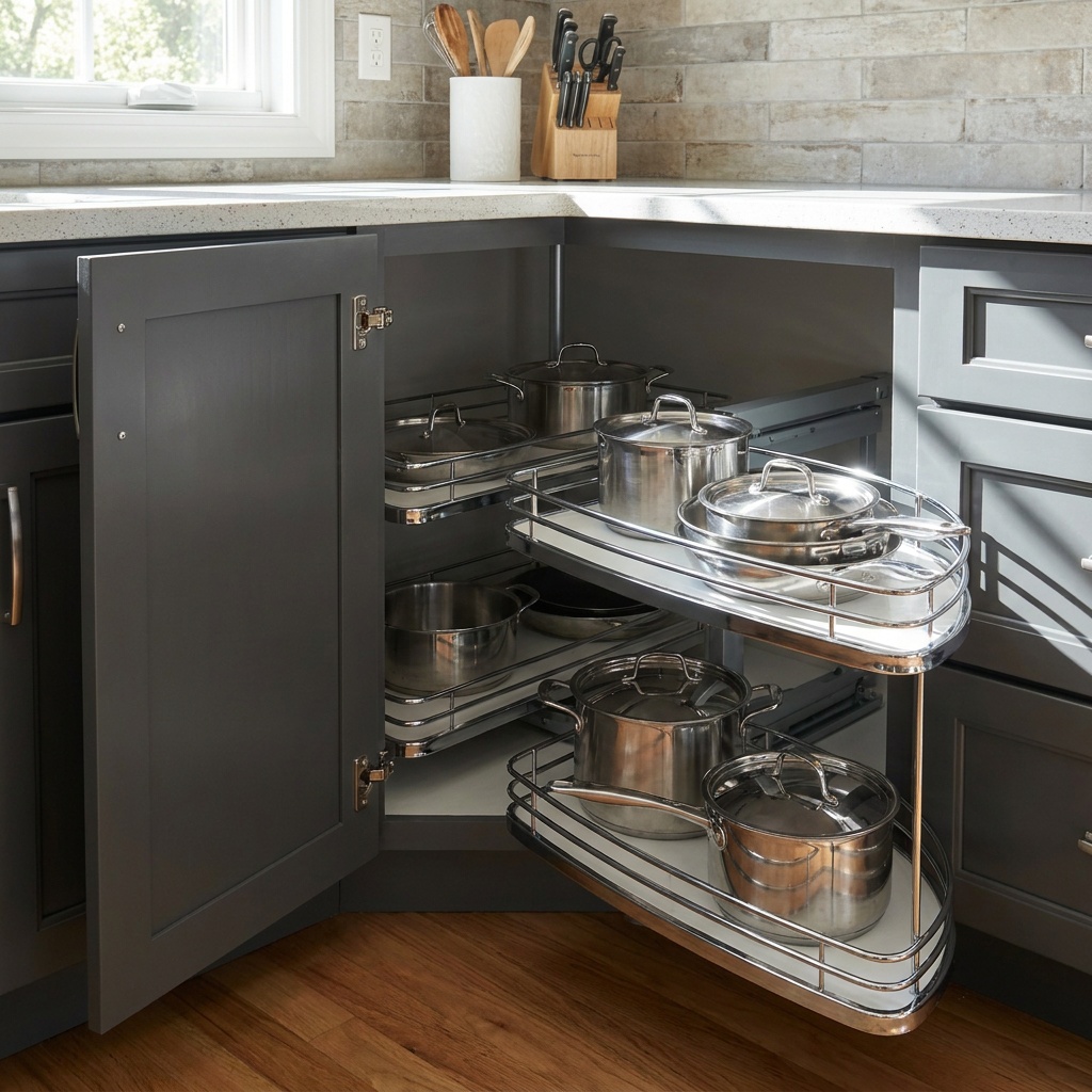 Magic corner swing-out trays pulled clear of a blind corner base cabinet