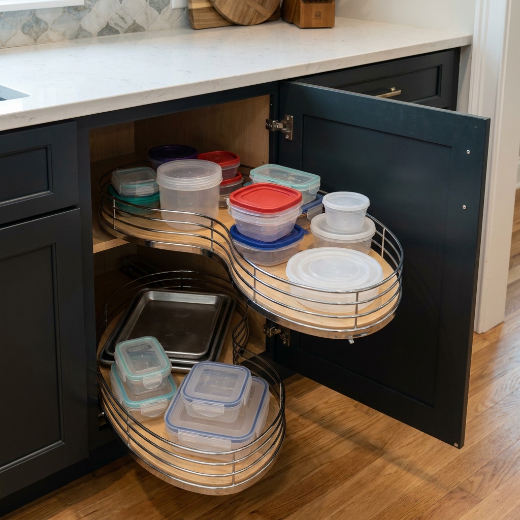 Blind corner pull-out with kidney shelves slid out and the rear shelf swiveled forward
