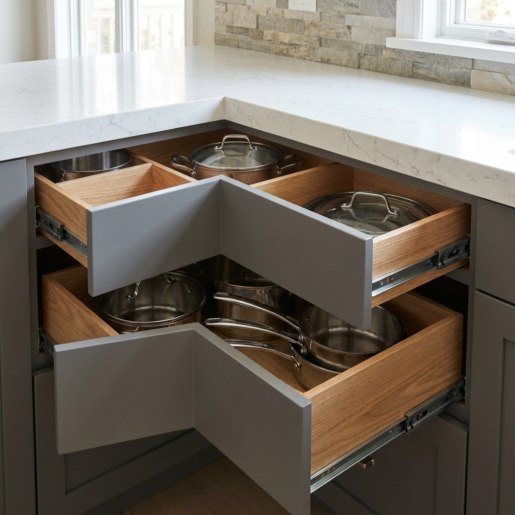 Angled corner drawers pulled open showing stacked pans and wood dividers