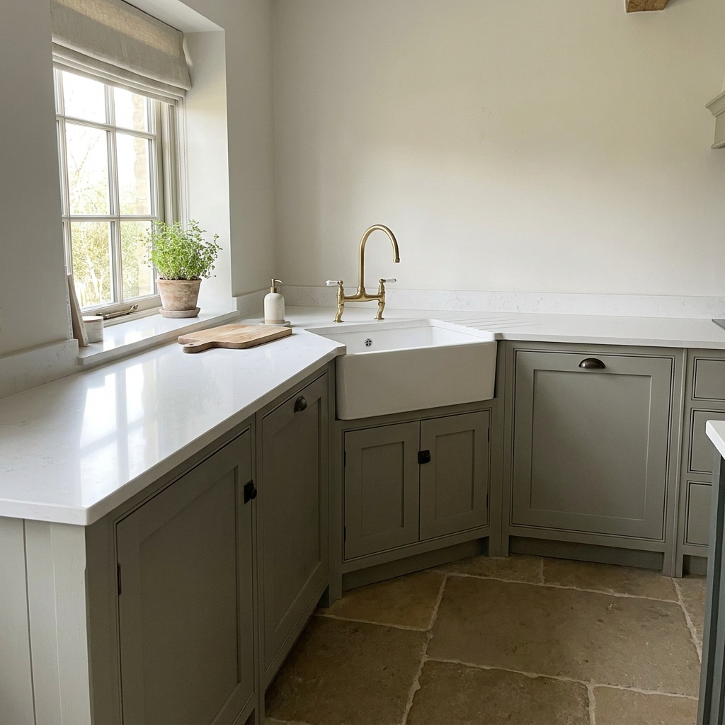 Corner sink set diagonally across a kitchen inside corner with clear counter runs on both sides