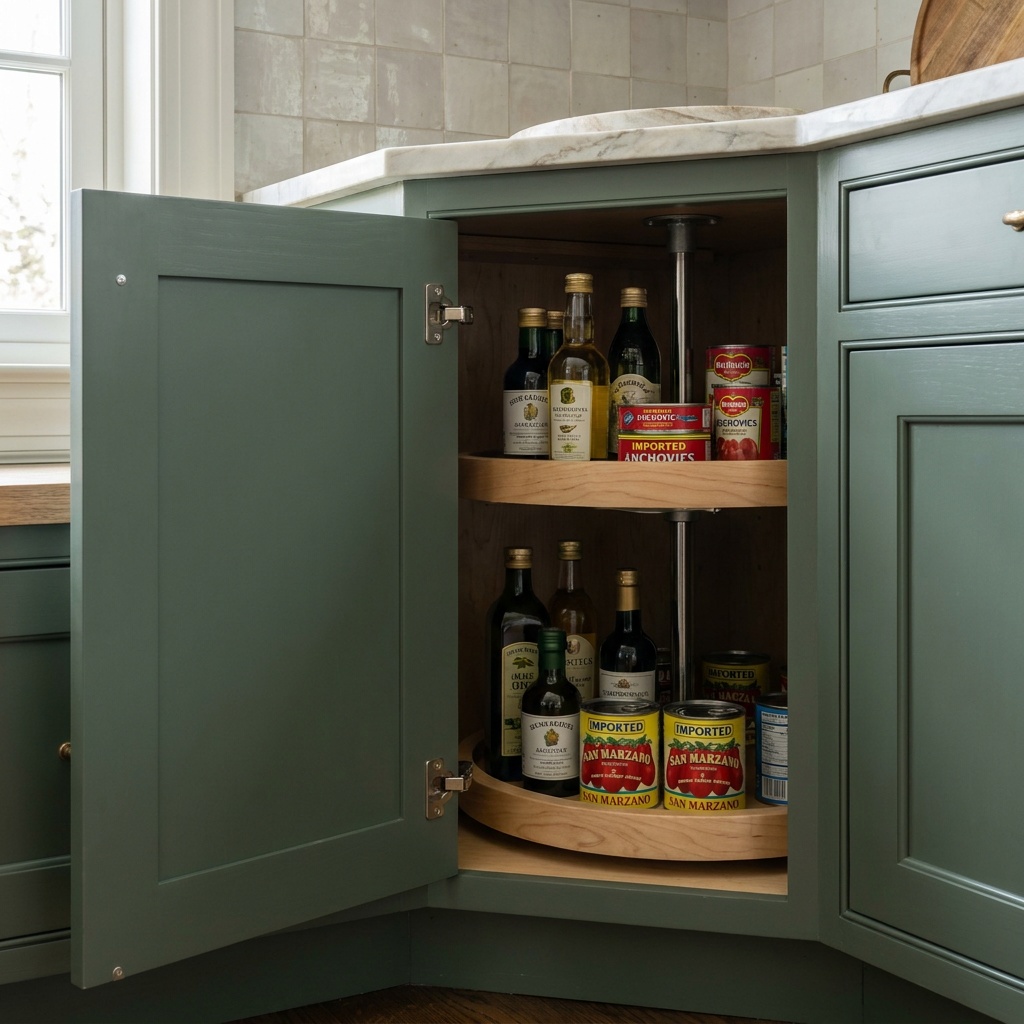 Two-tier wood lazy Susan rotated toward the open door of an angled corner cabinet