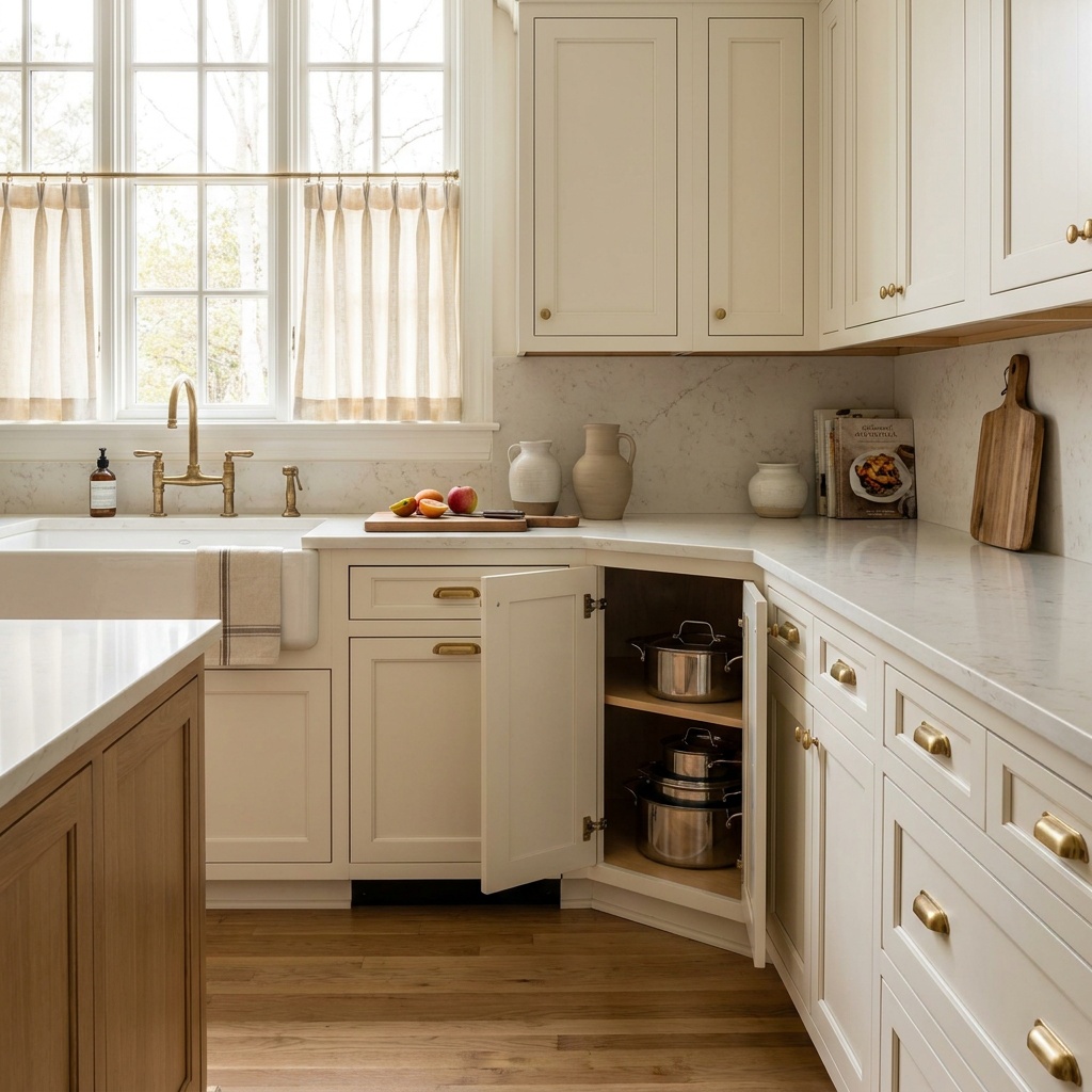 L-shaped Alpharetta kitchen with an angled corner base cabinet standing open