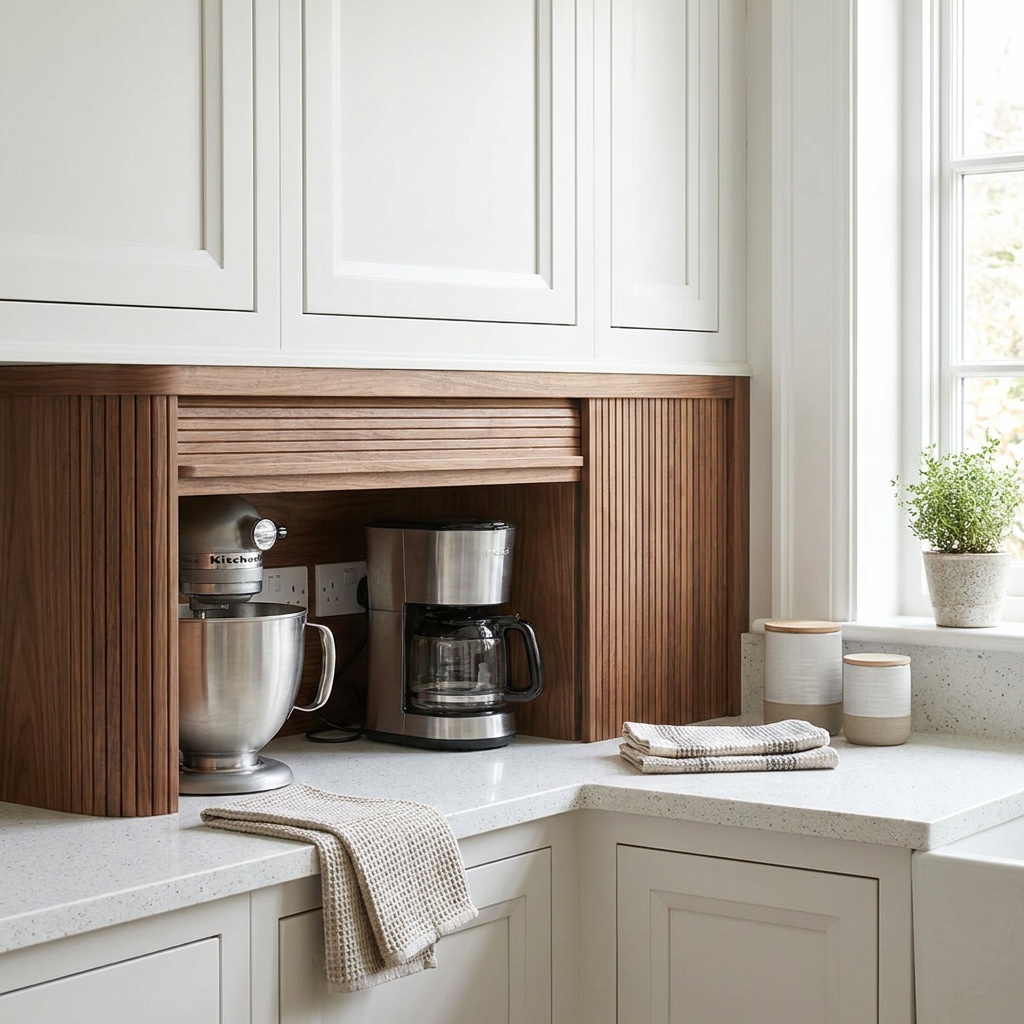 Close view of a kitchen countertop appliance garage with a wooden tambour roll-up door half open, a stand mixer and coff