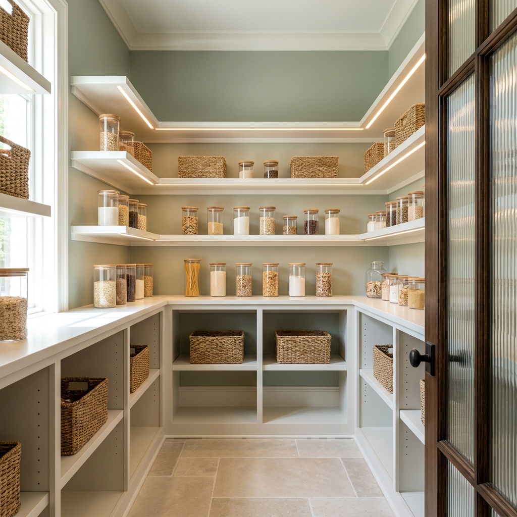 A bright walk-in kitchen pantry in a North Atlanta home, painted sage green, shallow white adjustable shelves on three w